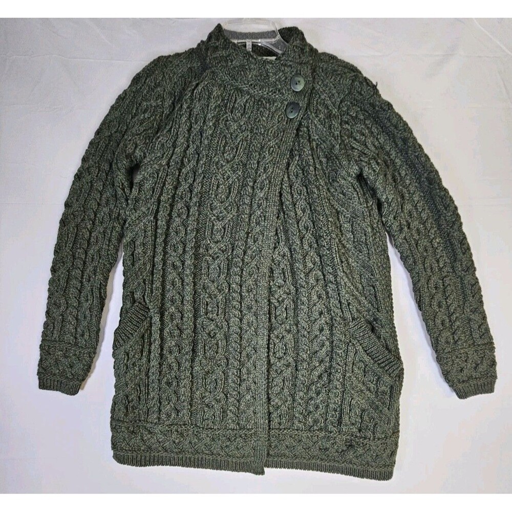 Aran Crafts Cardigan Women XXS Green Ireland Cable Merino Wool Sweater Coat NEW